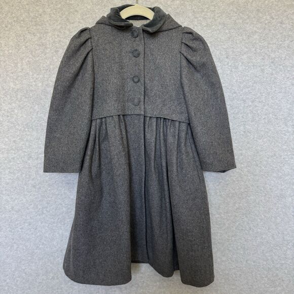 Wool Winter Coat Girls 6 Grey Overcoat Princess Puff Shoulder Hooded H Lans VTG - Picture 1 of 14